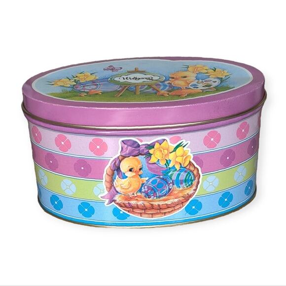 Wolfgang Pastel Pink Blue Green Easter Chick Retro Tin Metal Container - Picture 1 of 12